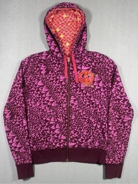 Vintage Y2K Billabong Full Zip Sweater Hoodie Women L Pink AOP Floral Skate Surf